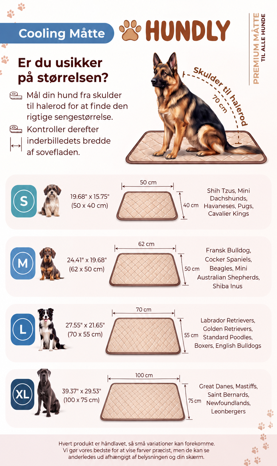 Størrelsesguide for Kjølematte - 2 for 1